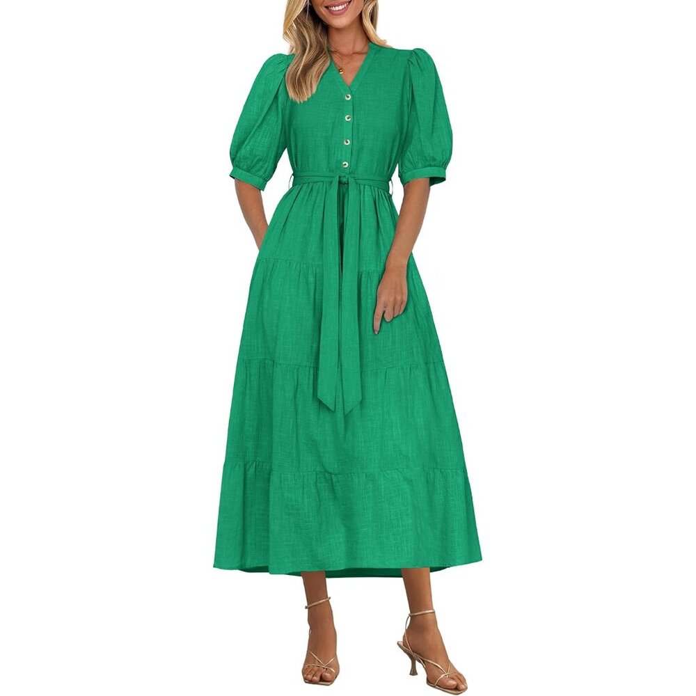 Women’s Summer Dress Cotton V Neck Ruffle A Line Belted Flowy Beach Elegant